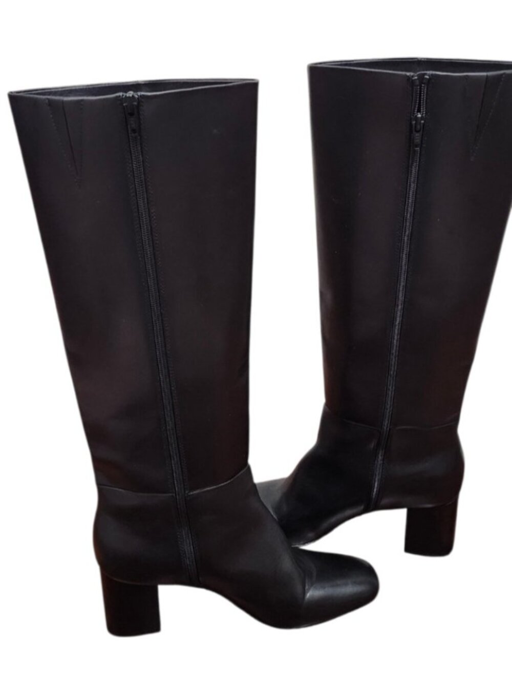 Paige Black Leather Knee High Boots Block Heel Minimalist Tall Zip Riding Boots - Picture 11 of 15